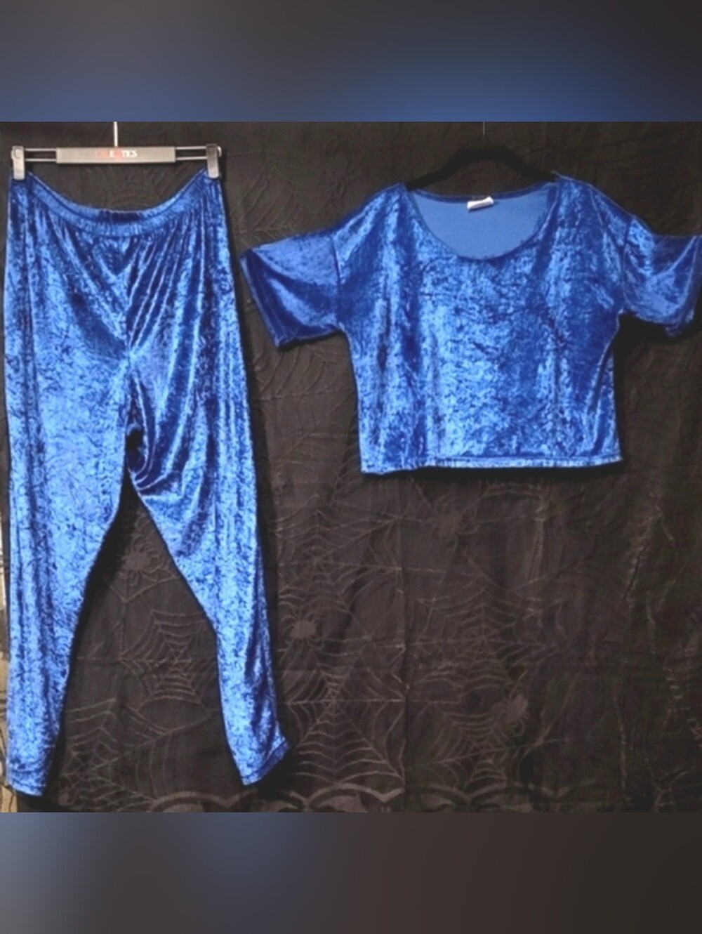 Vtg 90s Secret Treasures  blue sateen crop top High Waist Pant loungewear set L - Picture 7 of 17
